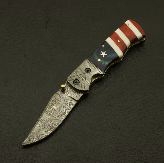 (Texas Flag) Handmade Personalized Damascus Pocket Knife