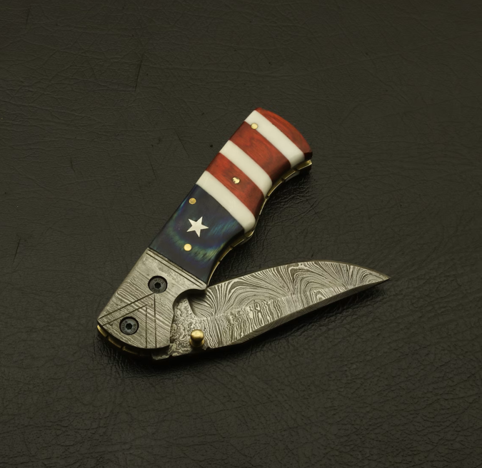 (Texas Flag) Handmade Personalized Damascus Pocket Knife