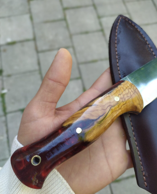 Custom Handcrafted J2 Stainless Steel Hunting Knife Epoxy & Olive Hybrid Handle