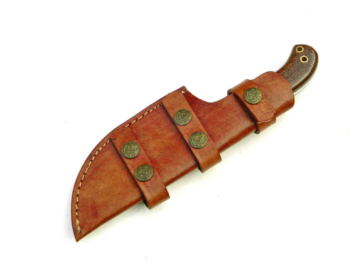 Hand Forged Damascus Steel Tracker Knife, Handmade Hunting & Camping Knife, Rose Wood Handle with Horizontal Leather Sheath