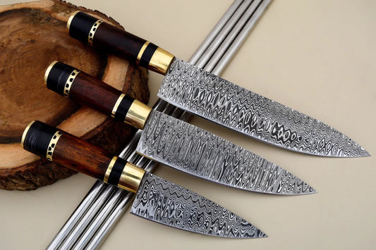 3 Pieces Handmade Damascus Steel Chef Knives Set