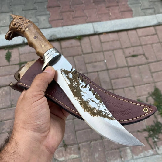 Wolf Head Camping Knife Custom Handmade Handcrafted Hunting Knife With Genuine Leather Sheath Serrated Blade Back