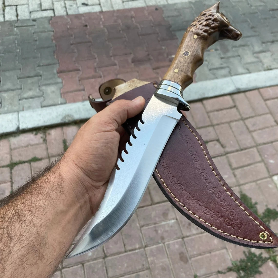 Wolf Head Camping Knife Custom Handmade Handcrafted Hunting Knife With Genuine Leather Sheath Serrated Blade Back