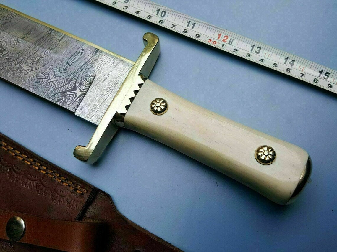 Custom HANDMADE 15" Damascus Steel Bowie Knife with Camel Bone Handle, Free Leather Sheath