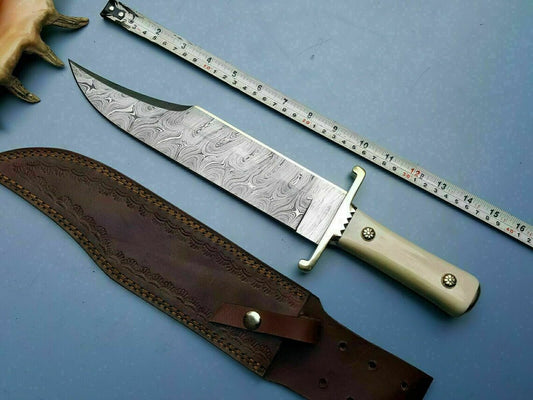 Custom HANDMADE 15" Damascus Steel Bowie Knife with Camel Bone Handle, Free Leather Sheath