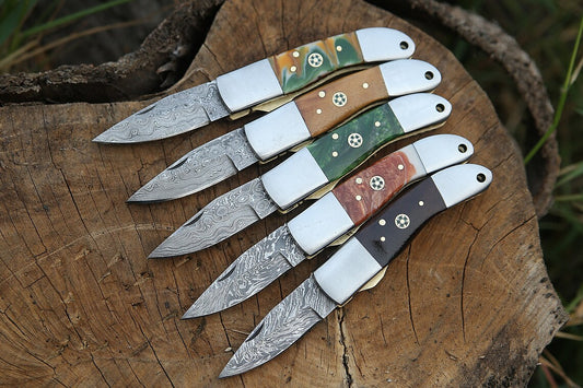 Handmade Damacus 5 Pieces Pocket Knives Set