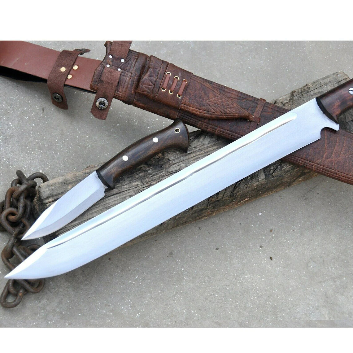 25" D2 Tool Steel Hunting SWORD with Gift Knife, Wood Handle, Free Leather Sheath, Sword and knife Set, Beautiful Gift, Christmas Gift