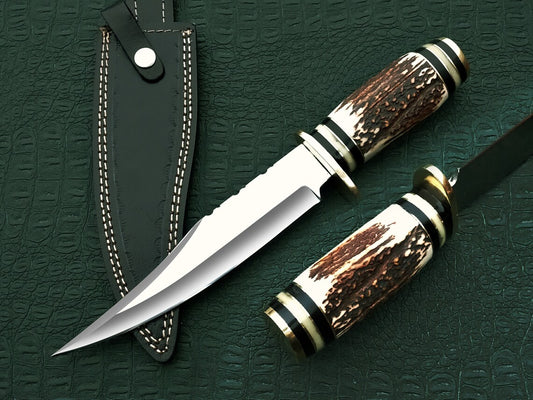 Antler bowie knife D2 Steel, 13 "Hunting Fix Blade bowie, stag horn Handle, With Leather Sheath