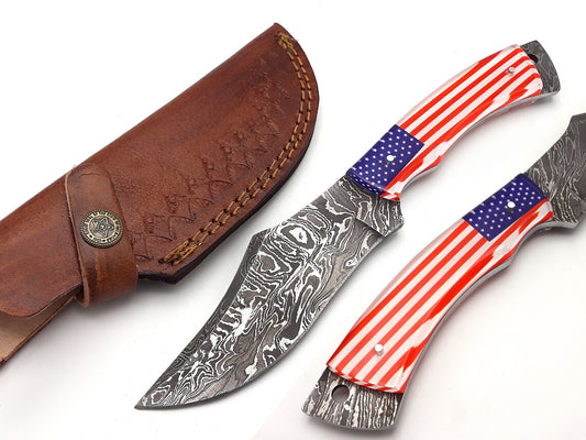 Patriotic Veteran Style Damascus Steel Skinning Knife