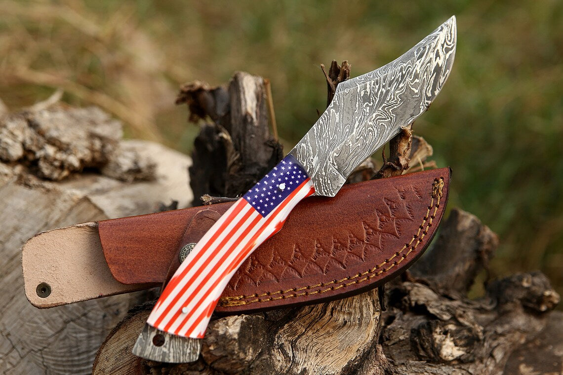 Patriotic Veteran Style Damascus Steel Skinning Knife