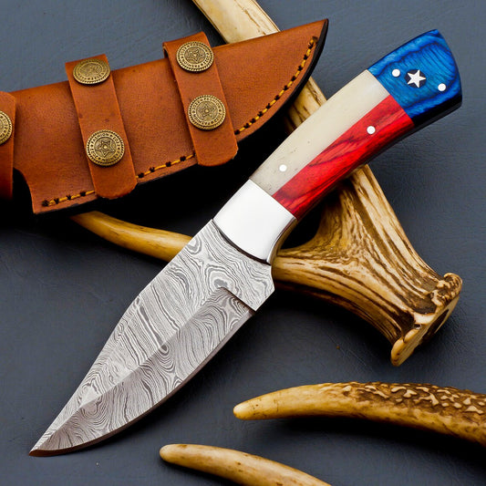 (TEXAS Flag)  Hand Forged Damascus Steel Skinning Knife