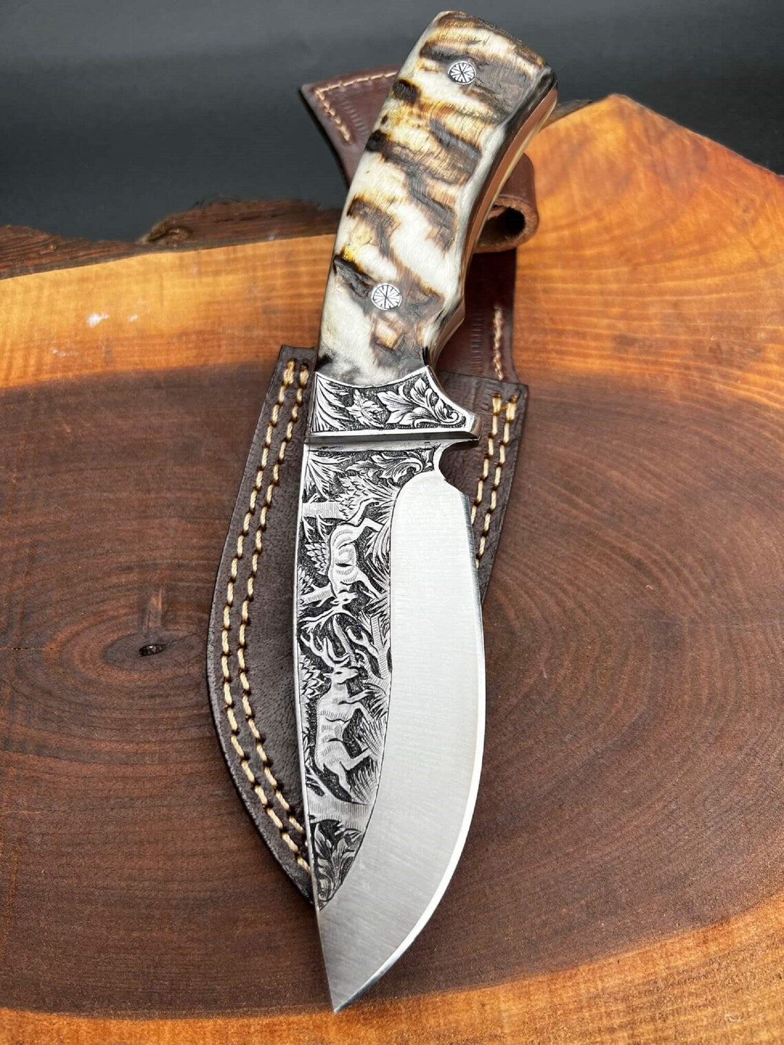 Custom Hand Engraved Knife With Ram Horn Handle, Skinner knife, Hunting knife, Gift knife, Wedding gift, Anniversary gift, Gift for him