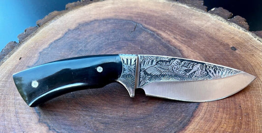 Hand Engraved Knife With Buffalo Horn, Skinner knife, Hunting knife, Gift knife, Wedding gift, Anniversary gift, Gift for dad, Gift for him