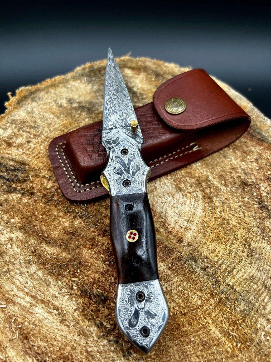 8 inch Custom Handmade Damascus Pocket Knife with Fire Pattern, Pocket knife, Hunting knife, Gift knife, Wedding knife, Gift for dad