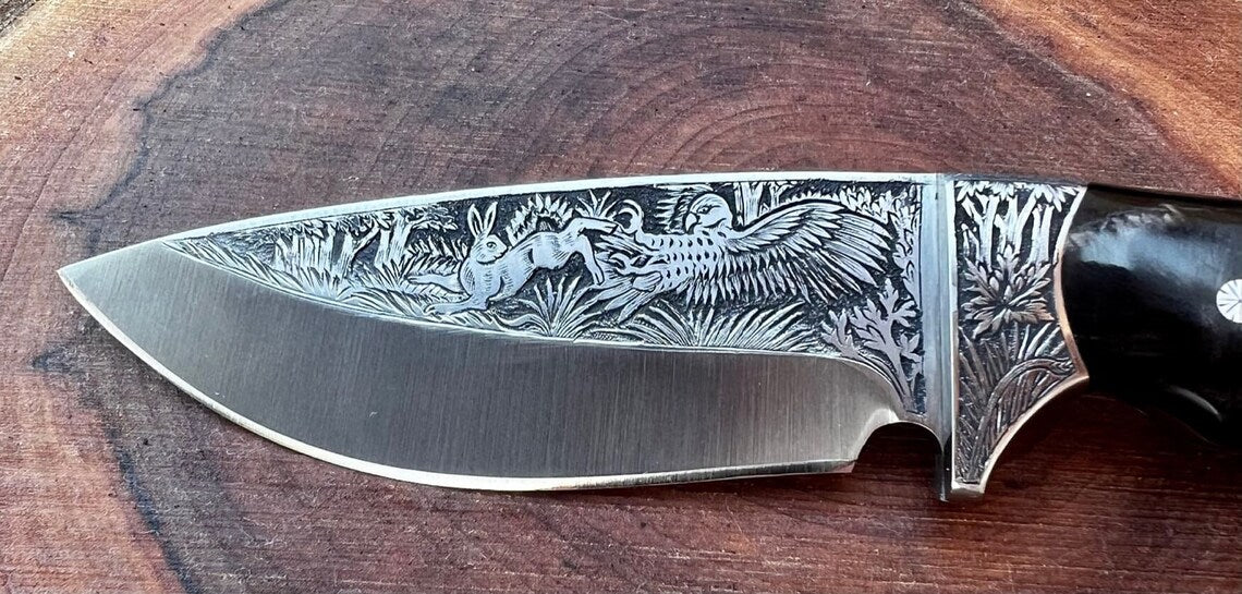 Hand Engraved Knife With Buffalo Horn, Skinner knife, Hunting knife, Gift knife, Wedding gift, Anniversary gift, Gift for dad, Gift for him
