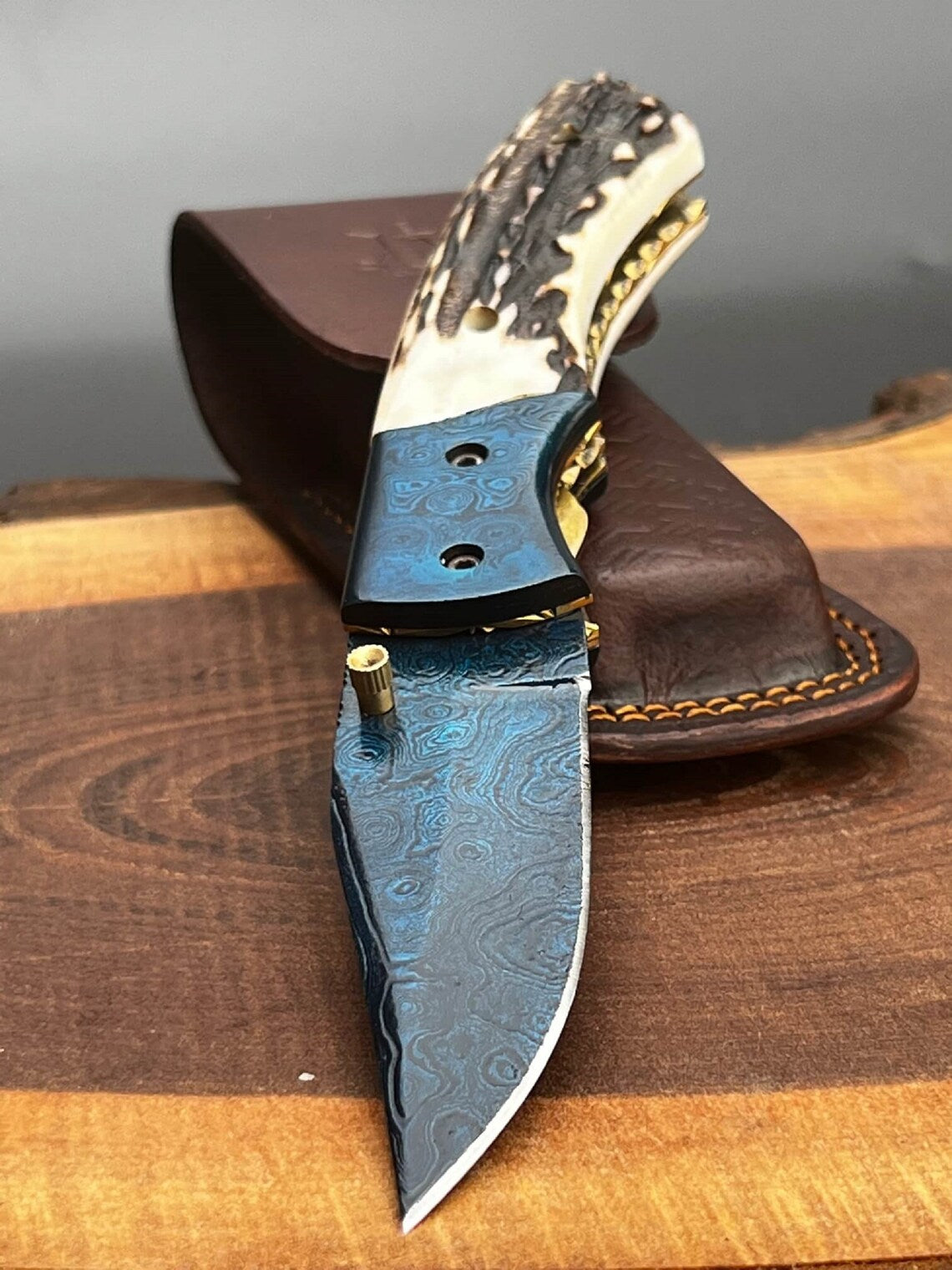Custom Handmade 8" Folding Knife Stag Handle With Anodized Blade, Best Gift, Pocket knife, Wedding Gift, Personalized gift for him