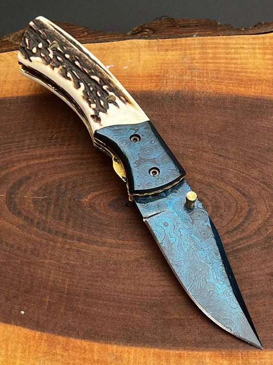 Custom Handmade 8" Folding Knife Stag Handle With Anodized Blade, Best Gift, Pocket knife, Wedding Gift, Personalized gift for him