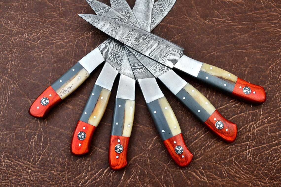 6Pcs BBQ Custom Handmade Damascus Steel Sharp Blades Steak Knives Set