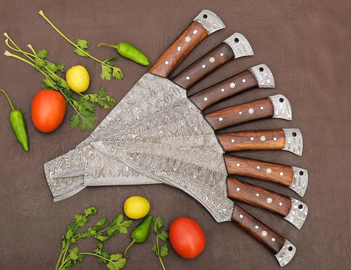 Custom Handmade Damascus Steel 8 Pieces Kitchen Chef Knives Set