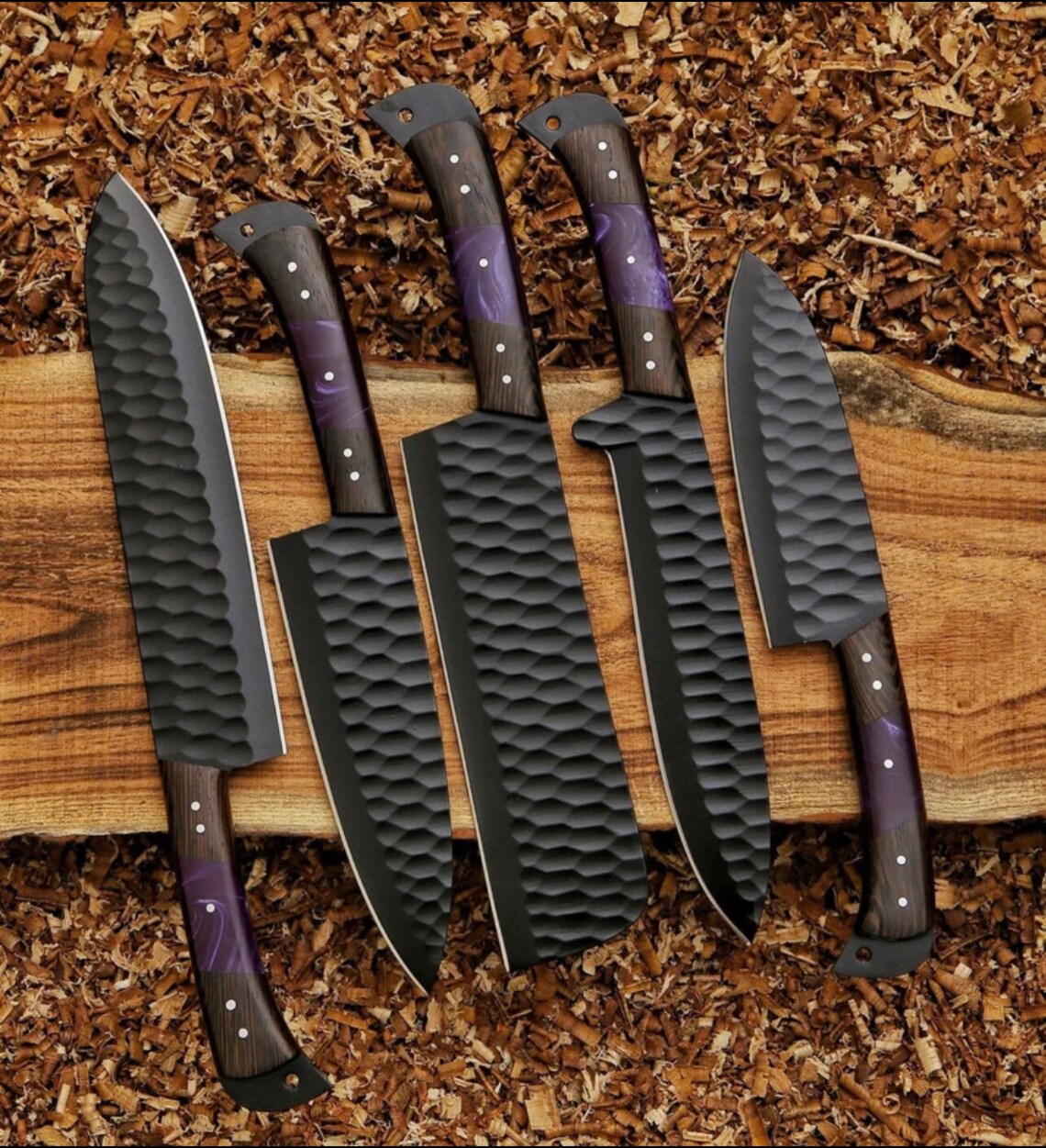 Hand Forge J2 Black Powder Coated Steel 5 Pieces Kitchen Chef Knives Set