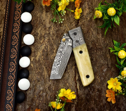Handmade Damascus Steel Tanto Pocket Knife