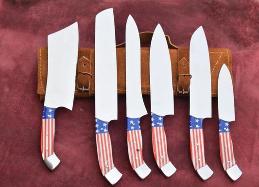 ( USA FLAG ) 6 Pieces Handmade J2 Steel Chef Knives Set