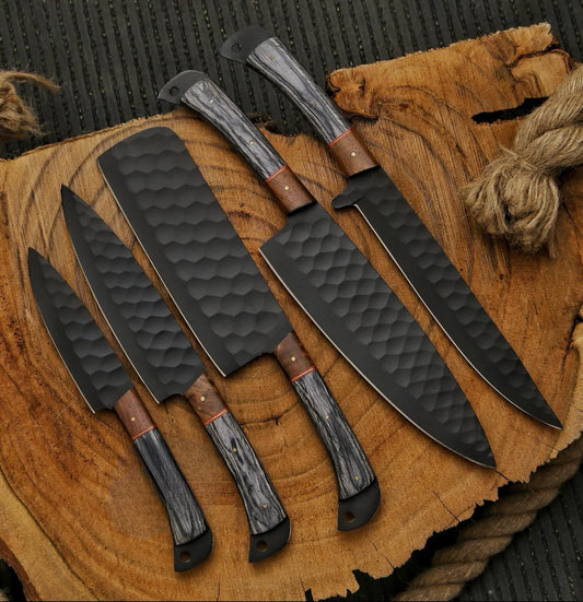 Hand Forge J2 Black Powder Coated Steel 5 Pieces Kitchen Chef Knives Set