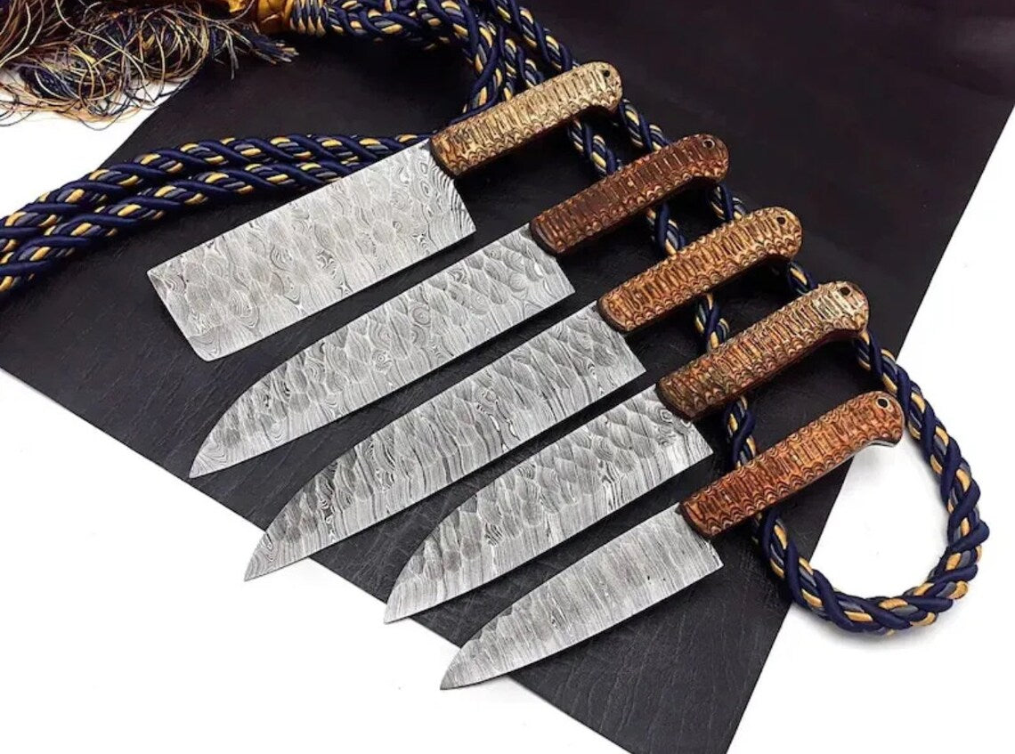 Hand Forged Damascus Steel 5 Pieces Kitchen chef Knives Set of 5 BBQ Knives Set
