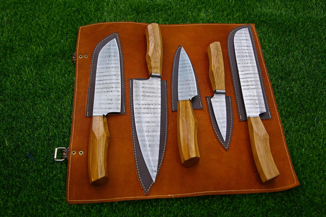 5 Pieces Custom Handmade Damascus Steel Kitchen Chef Knives Set