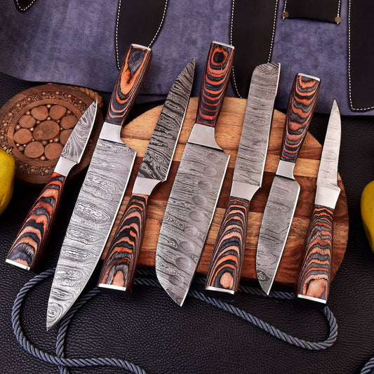 Custom Handmade Damascus Steel 7Pieces Kitchen Chef Knives Set
