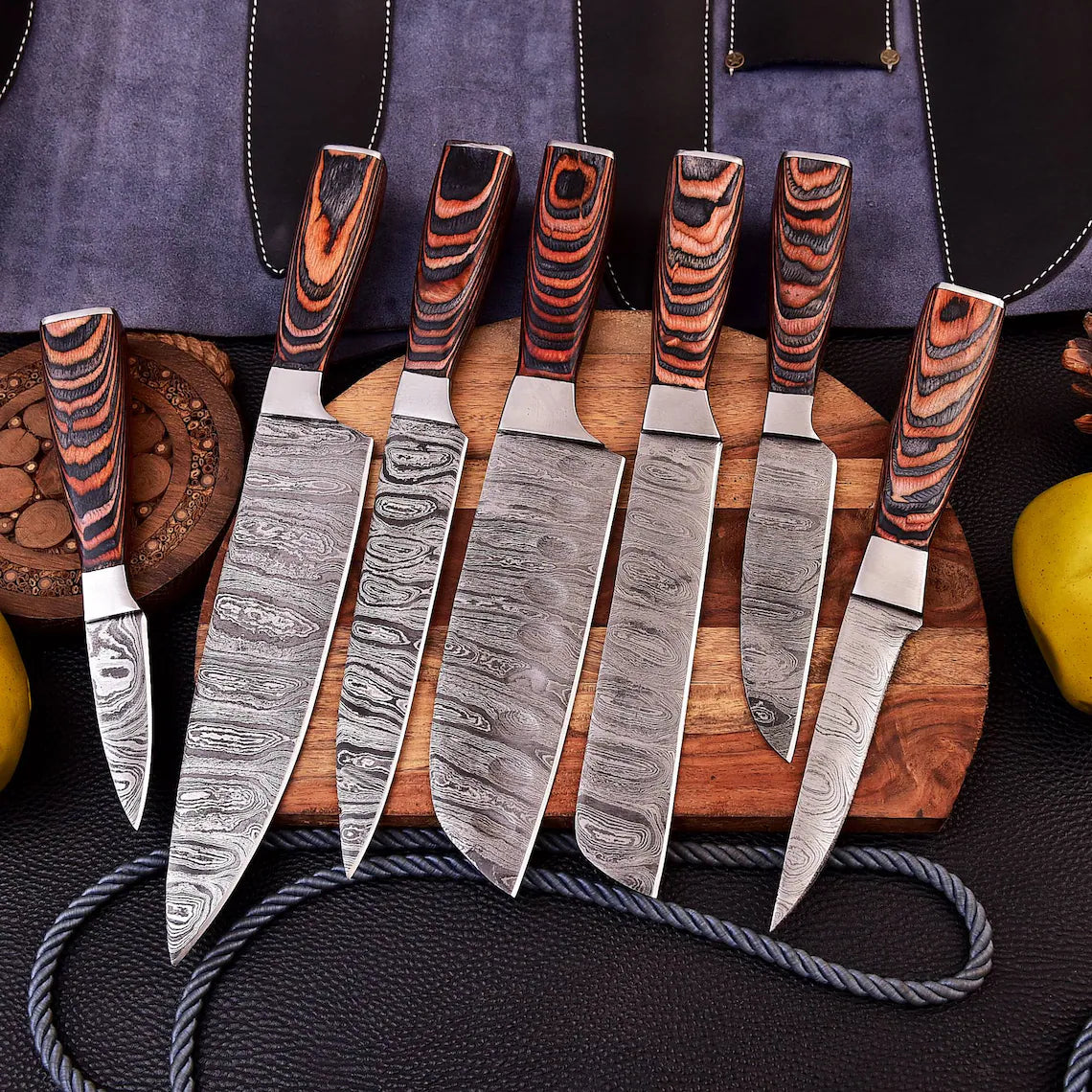 Custom Handmade Damascus Steel 7Pieces Kitchen Chef Knives Set