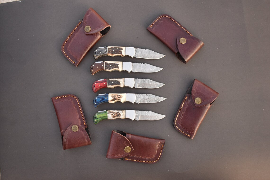 Set of 5 Damascus Steel Pocket Knife