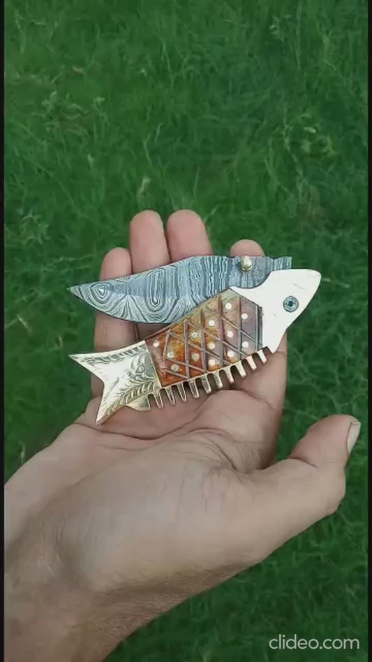 Unique Handmade Golden Fish Engraved Pocket Knife Damascus Folding Knife Bone Handle 4 Inch Knife